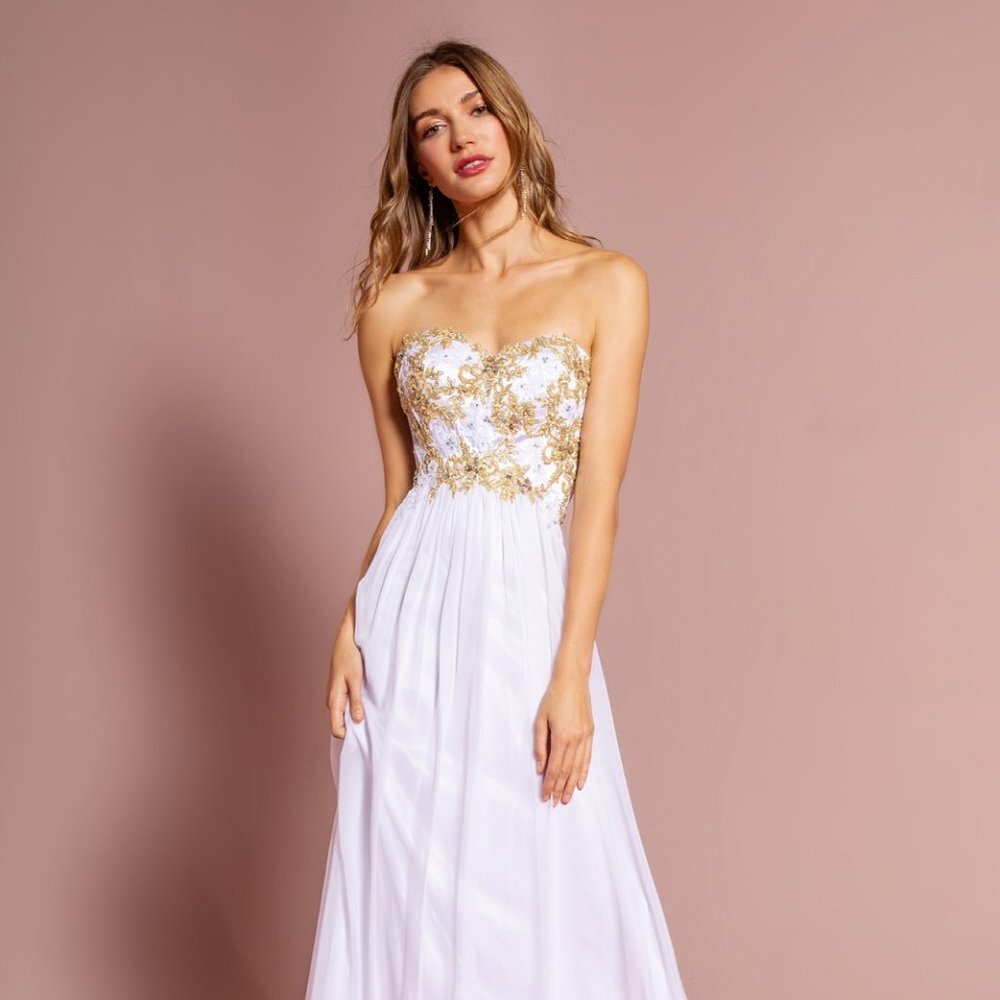 NEW LONG SLEEVELESS A-LINE STRAPLESS DRESS EMBROIDERED WITH RHINESTONES GL2050 - Picture 7 of 10